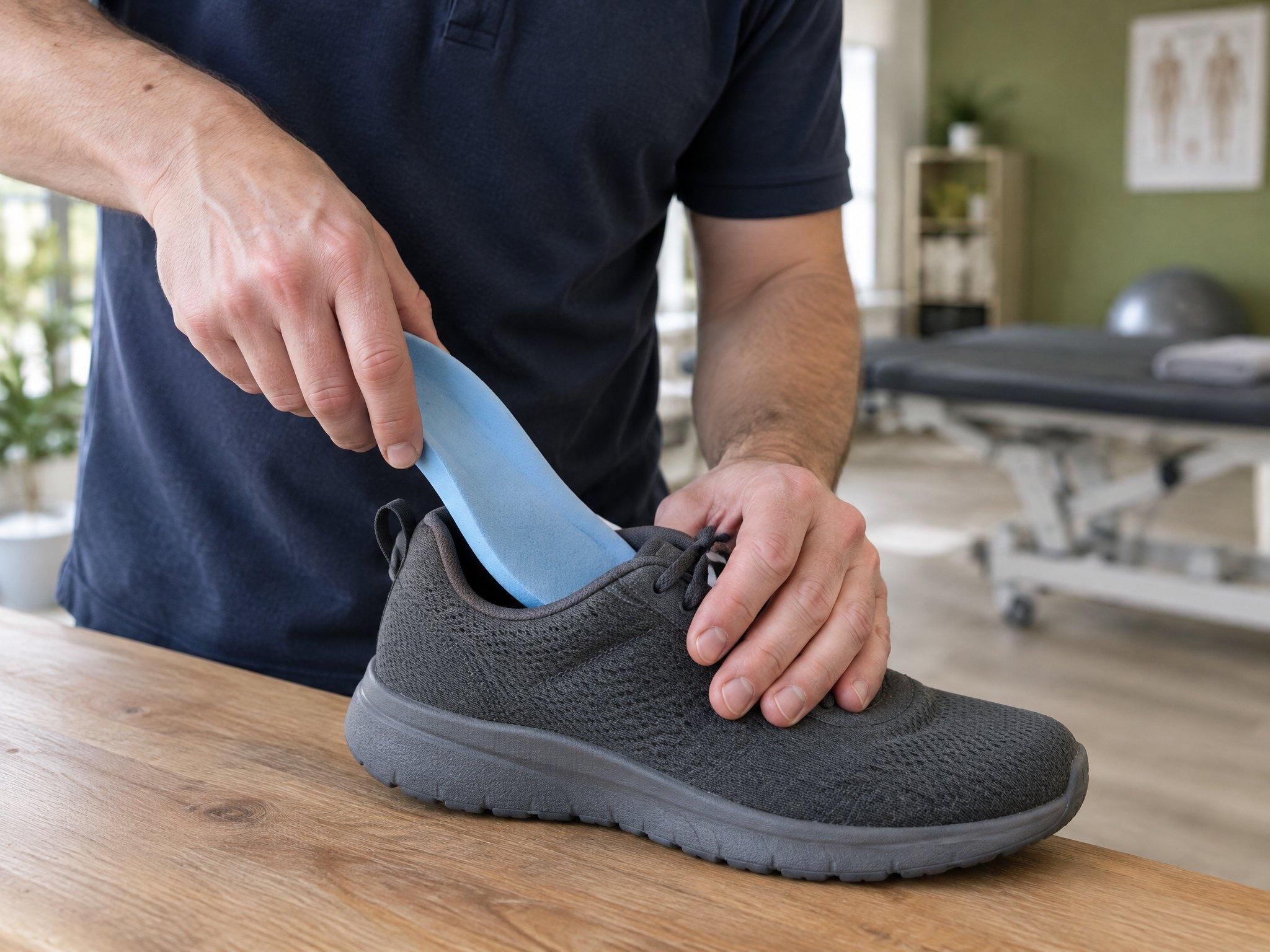 Hände eines Therapeuten schieben eine hellblaue Einlage in einen grauen Sneaker
