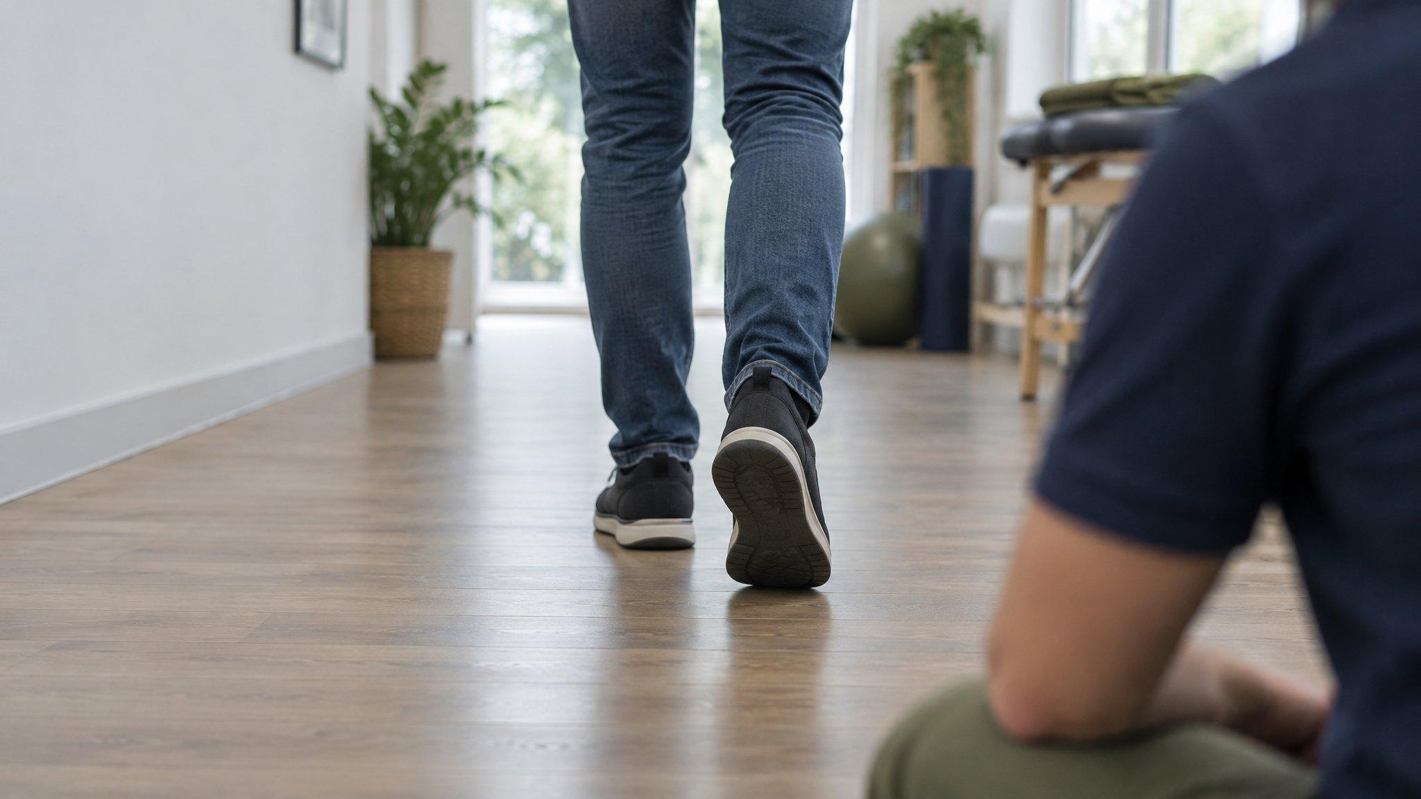 Eine Person geht in Sneakern den Praxisflur entlang, der Therapeut beobachtet den Gang